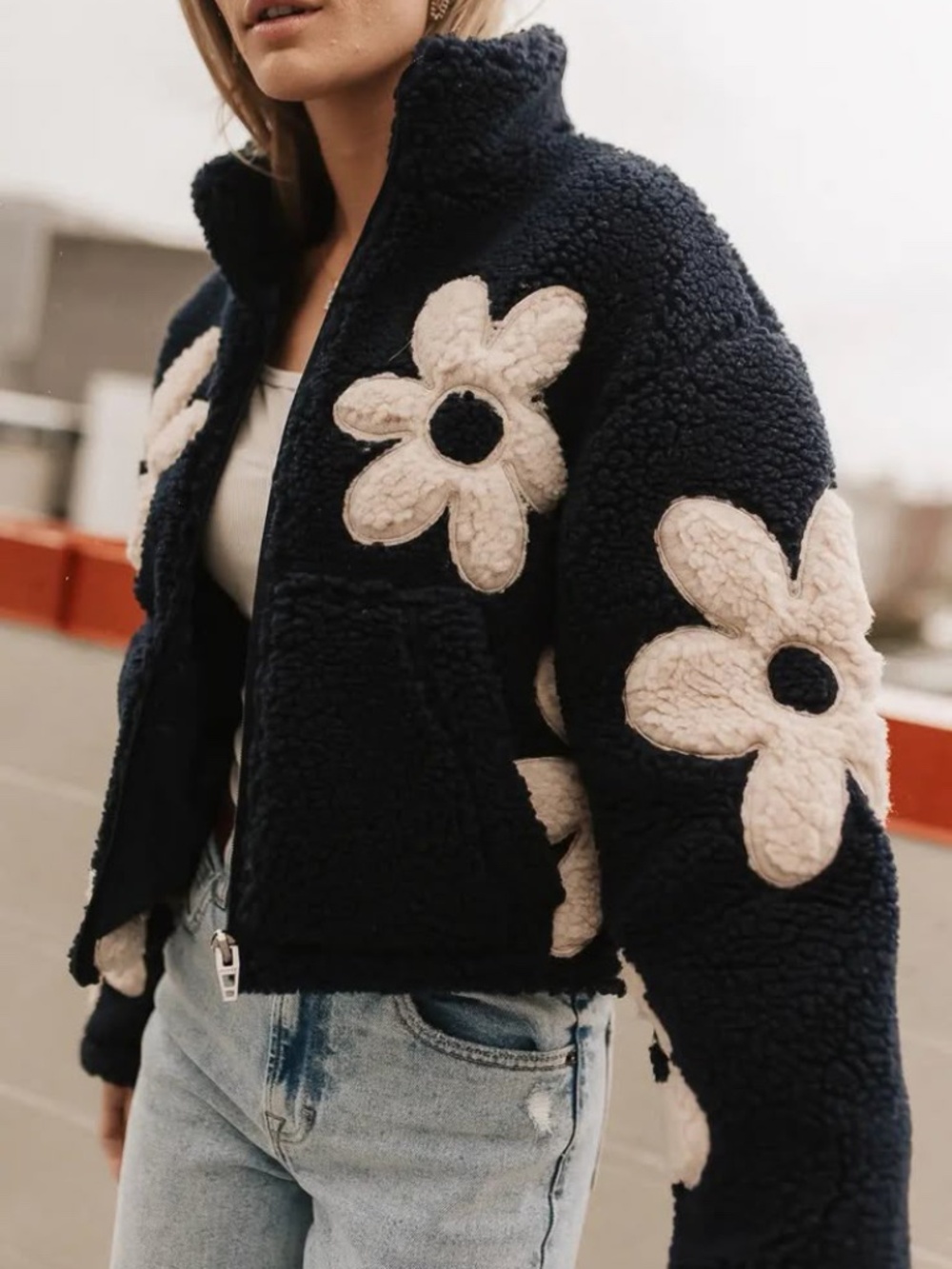 BLANKNYC Flower Child Fleece Zip-Up Jacket in Navy Blue Size Small